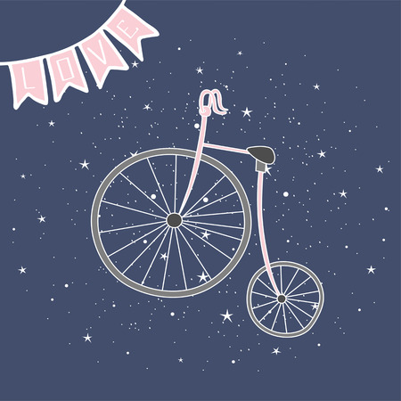 Retro bicycle with large front wheel painted in the style of doodle. Hand drawn elements for your designs dress, poster, card, t-shirtのイラスト素材