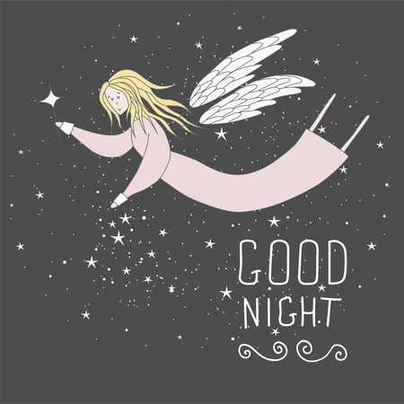 Flying fairy in night sky vector illustration. Good night cardのイラスト素材