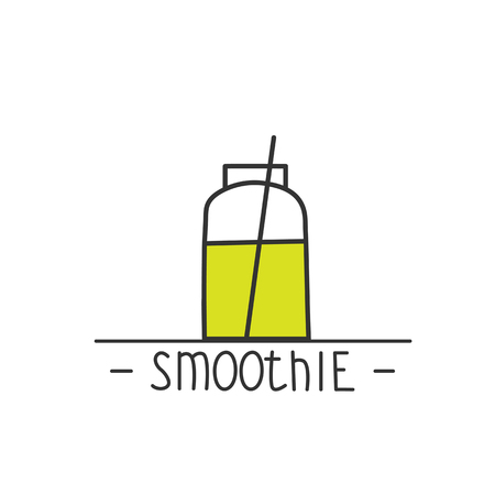 Smoothie - hand drawn brush text badge, sticker, banner, poster with doodle background. Handdrawn lettering for your designs vegetarian restaurant, cafe, bakery menuの写真素材