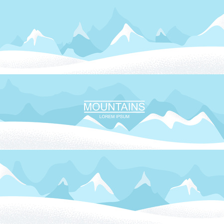 Set of three landscape banners with silhouettes of cold distant mountains. Mountain landscapes. Vector flat illustrations.のイラスト素材