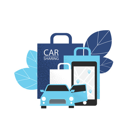 Carsharing concept. Rent car for shopping. Vector illustration flat on white background.