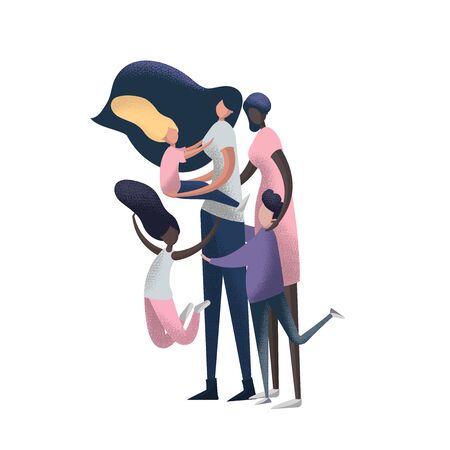 Lesbian Couple Adoption. Lgbt family. Two moms with three children of different nationalities. Lesbian parents with adopted children. Non-traditional Interracial familyのイラスト素材