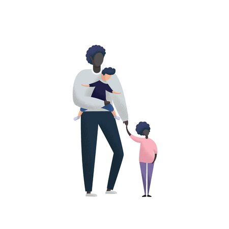 Single father with daughter and adopted son on arms. Flat vector illustration.のイラスト素材