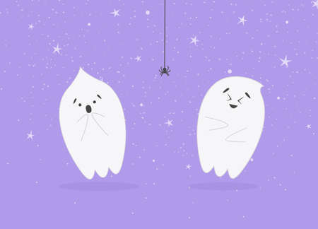 Halloween background with two ghost and spider.のイラスト素材