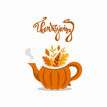 Teapot pumpkin with fruits and leaves.のイラスト素材
