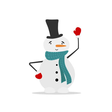 Cheerful snowman in scarf and hat waving hand.のイラスト素材