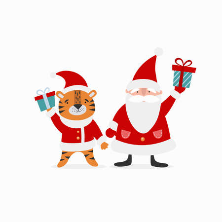 Cute tiger and Santa Claus with New Year gifts.のイラスト素材