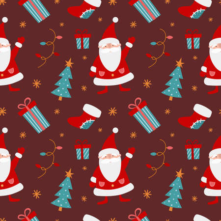 Pattern with Santa Claus and holiday decors.のイラスト素材