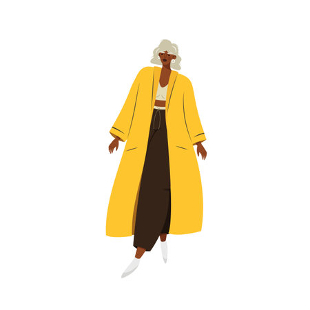 African-american stylish woman dressed in yellow trench coat. Fashionable casual outfit. Flat cartoon colorful vector illustration.のイラスト素材