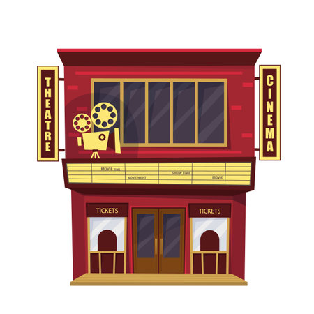 Isolated movie theater on white background. Building with cinema sign and camera decoration.のイラスト素材