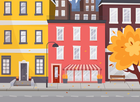 Vector autumn street with houses. Flat illustration of the city in the European style. Cartoon autumn city.のイラスト素材