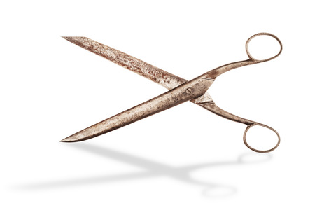 Vintage scissors isolated on white with shadow. Clipping path included to remove shadow or replace.の写真素材