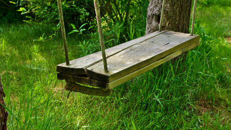 Old wooden swing on a background of green grassの写真素材