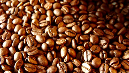 Brown beans of aromatic roasted coffee.の写真素材