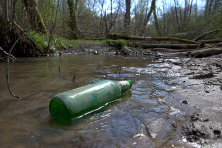 A green glass bottle in a forest stream.の写真素材
