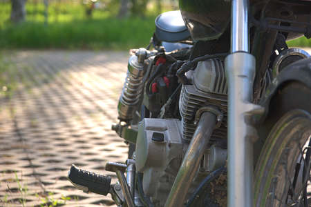 Metal parts of a motorcycle in close-up. Details of the motorcycle.