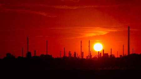 Factory on the sunset and the red sky. An industrial and production plant. Production of fuels.の写真素材