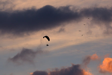 Motor hang glider against the background of a colorful sky with clouds and birds at sunset.の写真素材