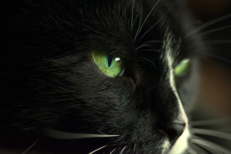 Close-up of the green eyes of a black cat. A portrait of a domesticated animal.の写真素材