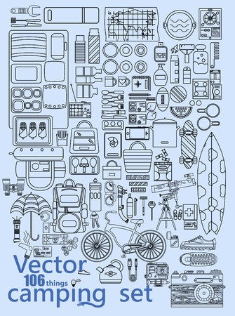 camping set with one hundred and six things, that you need to take with you on a journey with kettle,camera,key,watermelon,knife,radio,cards,patch,candy,chicken leg,container for food,のイラスト素材