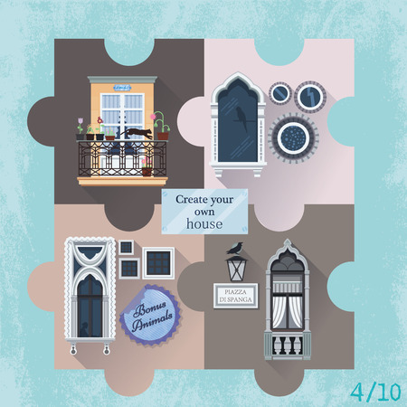 Set of four puzzles with windows and animalsのイラスト素材