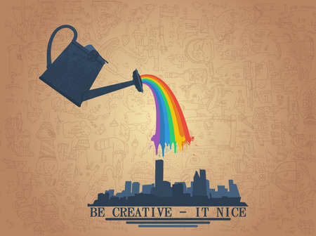 large watering can watering the rainbow on cityの写真素材