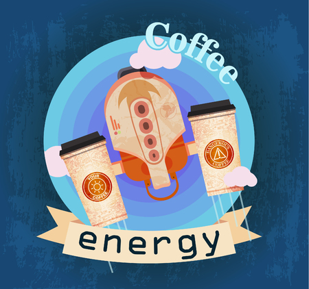 coffee cups like jetpack on a blue and turquoise backgroundのイラスト素材