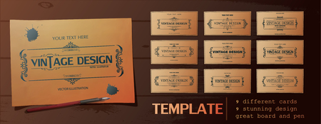 set of vintage frames on the wooden background with penのイラスト素材