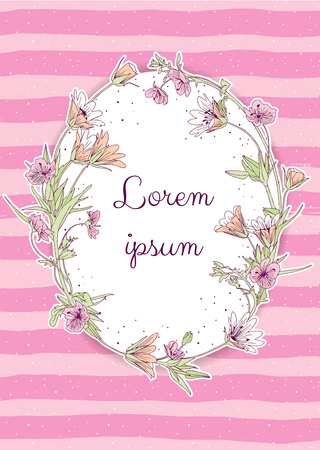 pastel coloured pink card. Hand drawn flower wreath on striped and splattered pink background. Botanical elegant decorative save the date, thank you, RSVP, bridal shower, baby shower template.の写真素材