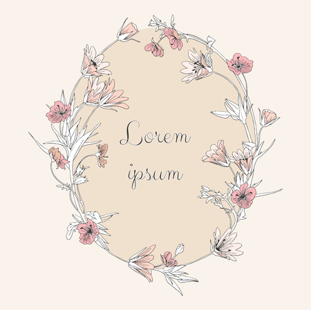 Elegant decorative hand drawn vector flower wreath on neutral beige background. Herbal line art graphic design element for invitations, greeting cards, quotes, blogs, posters, wedding frames, cosmetic
のイラスト素材