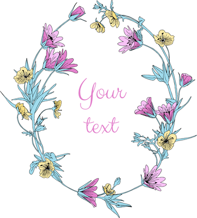Elegant decorative hand drawn vector flower wreath isolated on white. Herbal line art graphic design element for invitations, greeting cards, quotes, blogs, posters, wedding frames, cosmeticのイラスト素材