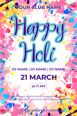 Holi celebration party colorful pink and yellow splattered club flyer template.の写真素材