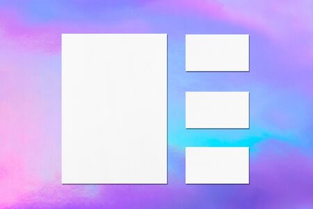 One empty white vertical a4 sized poster and three horizontal rectangle business card mock ups with...