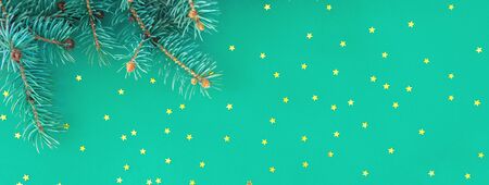Christmas and Happy new year banner with border of fluffy green fir branches and gold confetti stars sparse on trendy mint background. Simple holiday design template.Top view, flat lay, copy space.の写真素材