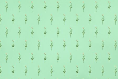 Diagonal seamless pattern with pink eustoma flower buds lying on trendy mint background. Pastel...