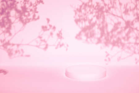 empty scene and cylinder podium on pink background with soft tree shadowsの写真素材