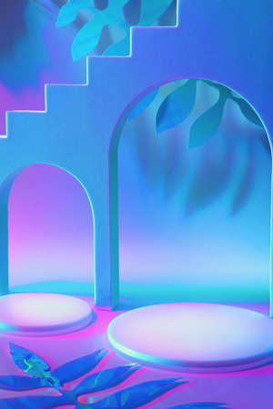 empty scene with cylinder podiums on holographic neon colored background