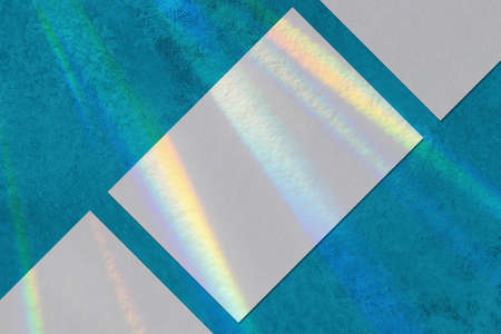 Three empty horizontal rectangle poster mockup on blue backgroundの写真素材