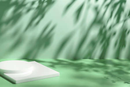 scene with white podium on mint background and shadowsの写真素材