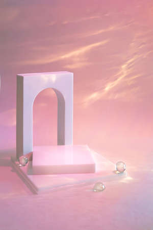 empty scene with podium and arch on pastel backgroundの写真素材