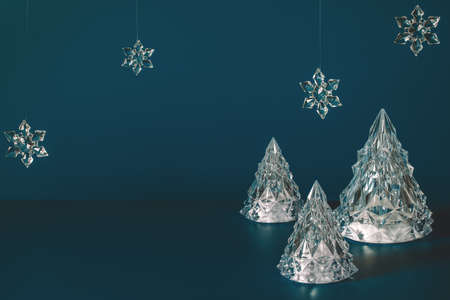 Empty stage with Christmas decorations on dark blue background
