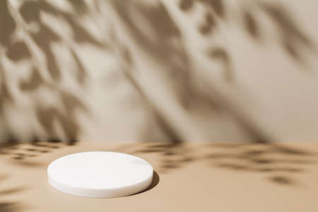 scene with white podium on beige background and shadowsの写真素材