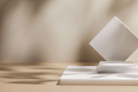scene with white podium on beige background and shadows