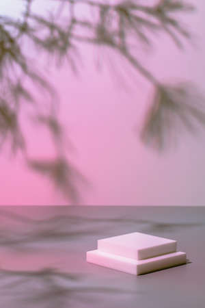 square white podium on pastel pink background with shadowsの写真素材