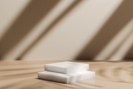scene with square podium on beige background and shadowsの写真素材