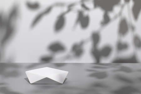 scene with white podium on gray background and shadowsの写真素材