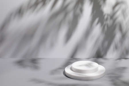 scene with white podium on gray background and shadowsの写真素材
