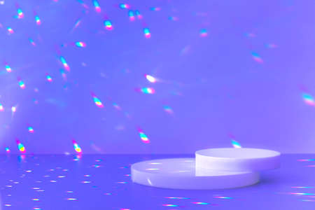 empty scene and circle podiums on purple background with crystal light sparklesの写真素材