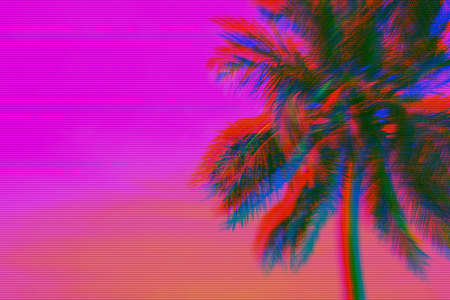 neon sunset pink colored palms background with copy space