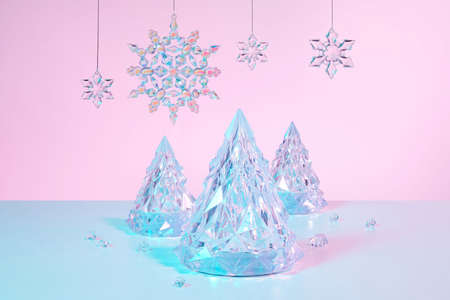Winter scene with Christmas decorations on holographic pink background